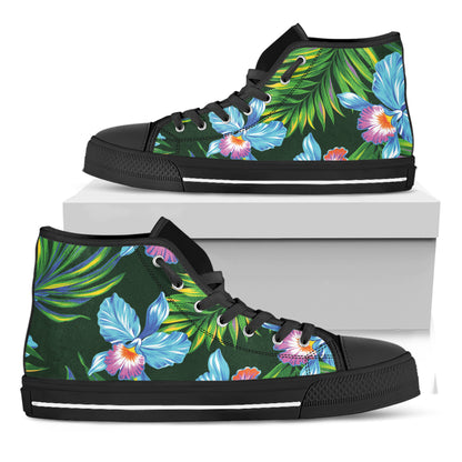 Tropical Orchid Flower Pattern Print Black High Top Shoes