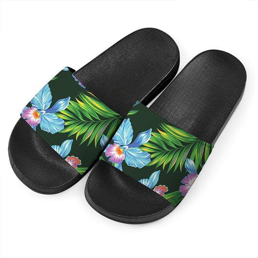 Tropical Orchid Flower Pattern Print Black Slide Sandals