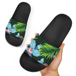 Tropical Orchid Flower Pattern Print Black Slide Sandals