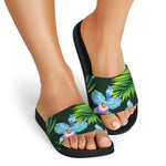 Tropical Orchid Flower Pattern Print Black Slide Sandals