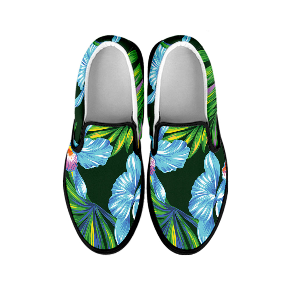 Tropical Orchid Flower Pattern Print Black Slip On Shoes
