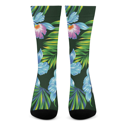 Tropical Orchid Flower Pattern Print Crew Socks