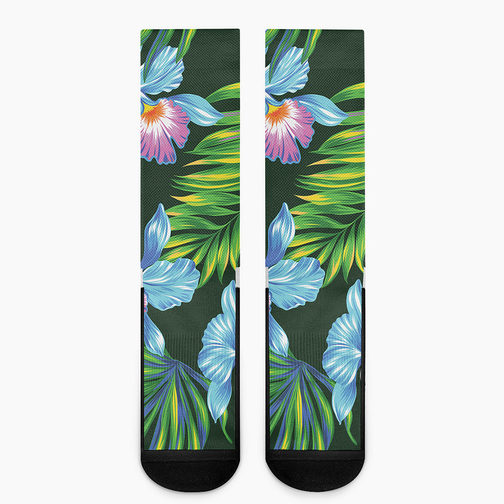Tropical Orchid Flower Pattern Print Crew Socks