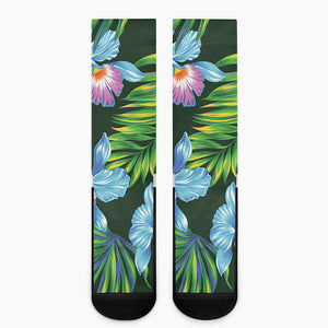 Tropical Orchid Flower Pattern Print Crew Socks