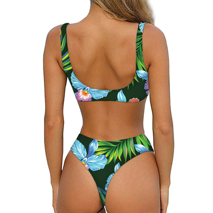 Tropical Orchid Flower Pattern Print Front Bow Tie Bikini