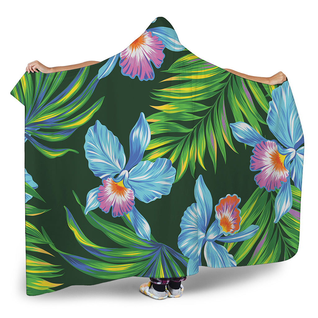 Tropical Orchid Flower Pattern Print Hooded Blanket