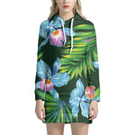 Tropical Orchid Flower Pattern Print Hoodie Dress