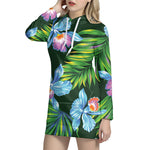 Tropical Orchid Flower Pattern Print Hoodie Dress