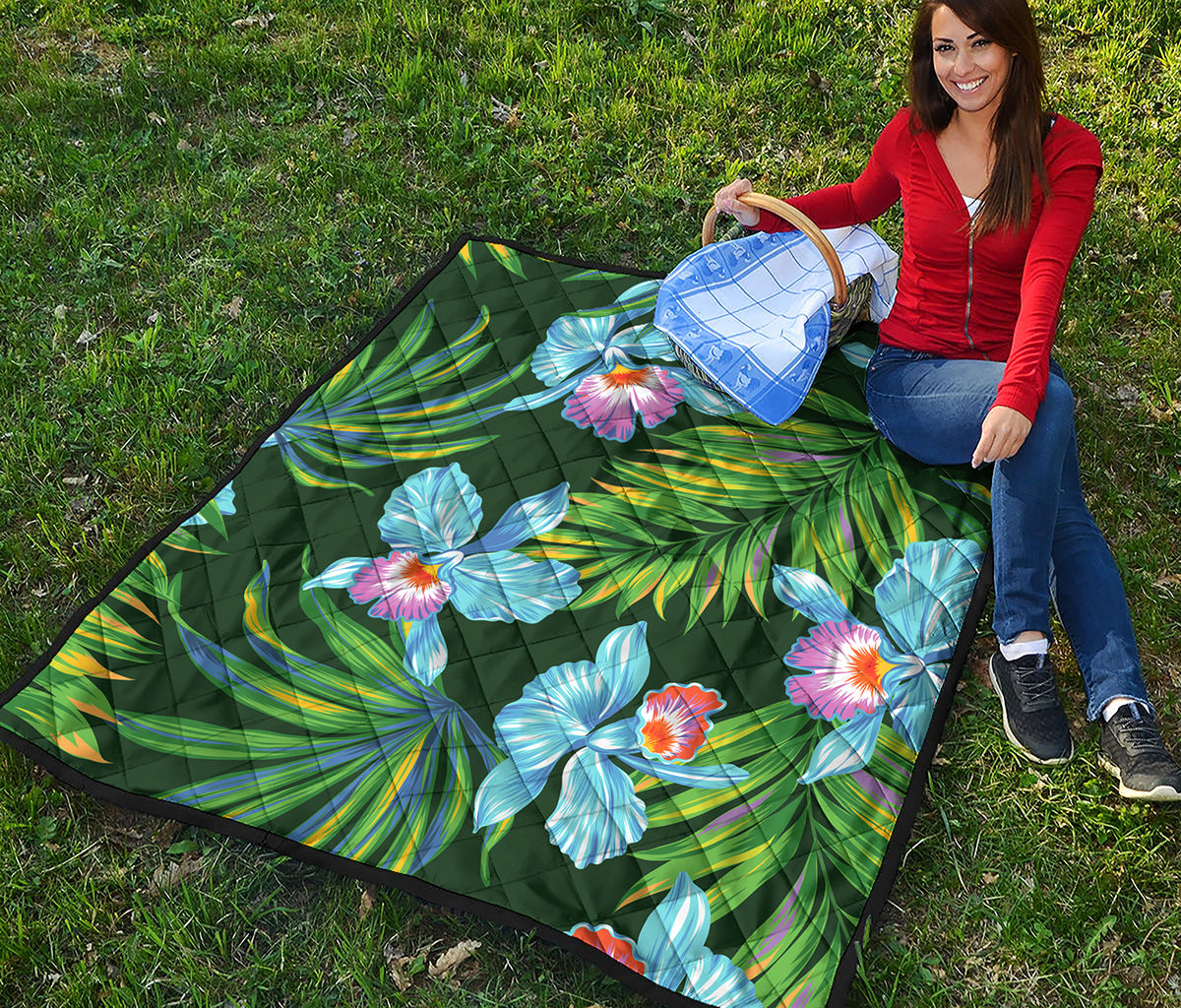 Tropical Orchid Flower Pattern Print Quilt