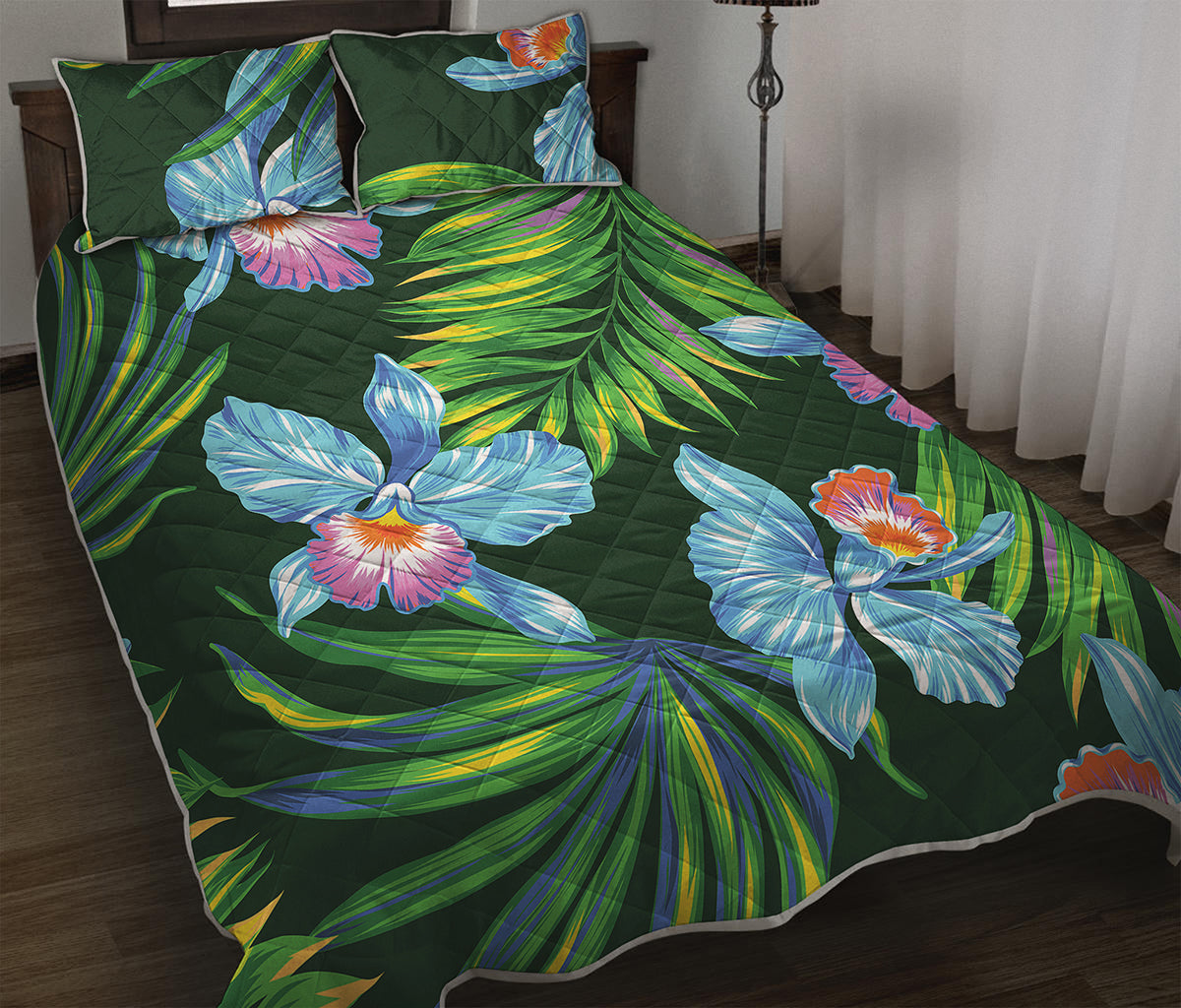 Tropical Orchid Flower Pattern Print Quilt Bed Set