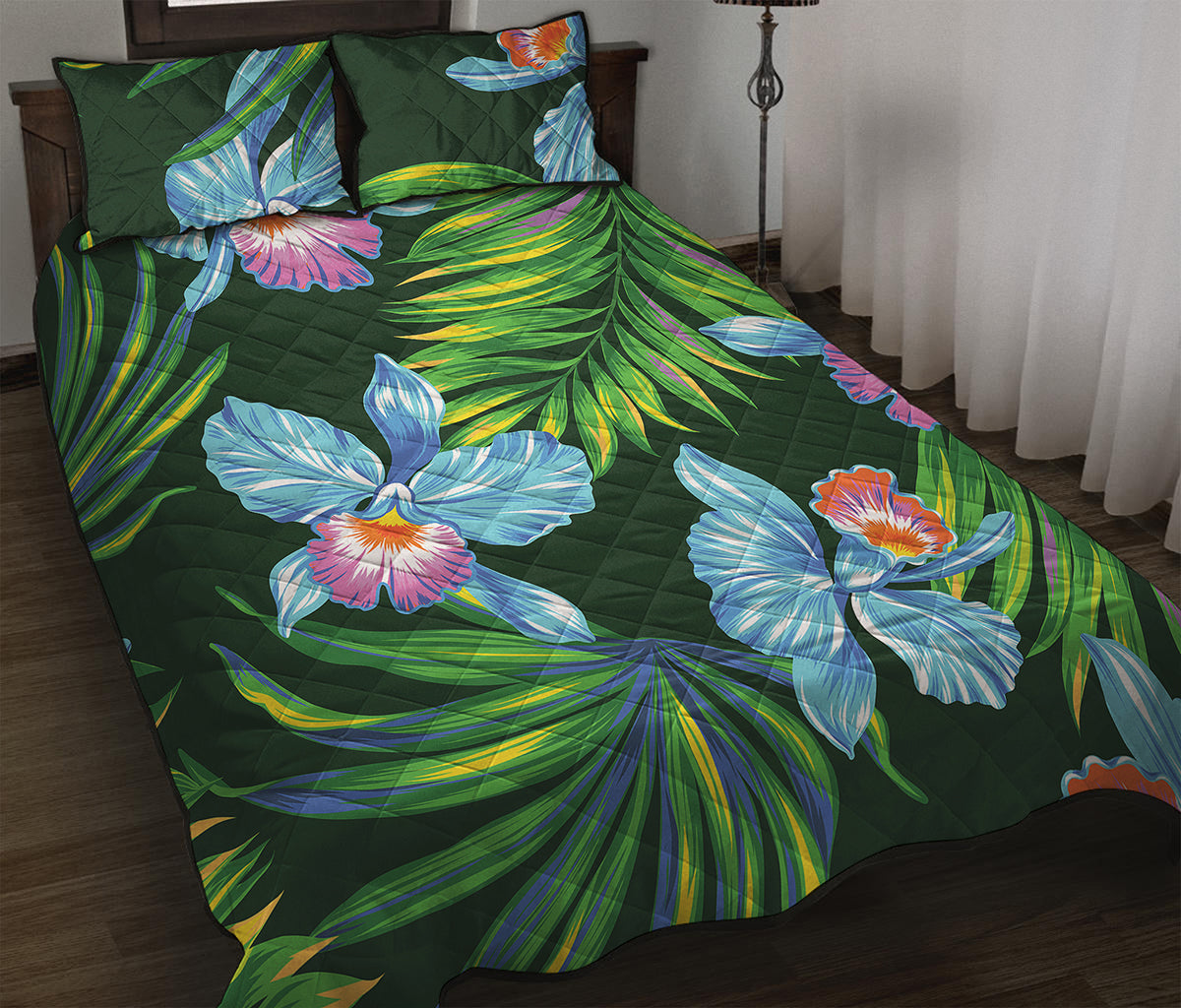 Tropical Orchid Flower Pattern Print Quilt Bed Set
