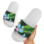Tropical Orchid Flower Pattern Print White Slide Sandals