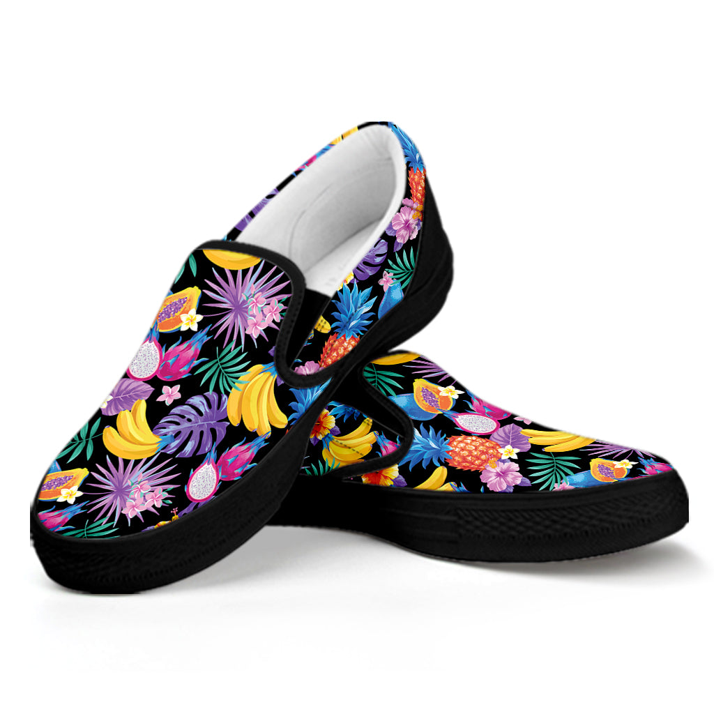 Tropical Palm And Hawaiian Fruits Print Black Slip On Shoes