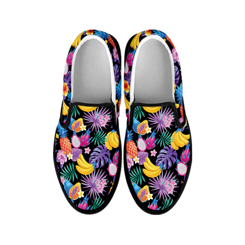 Tropical Palm And Hawaiian Fruits Print Black Slip On Shoes