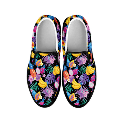 Tropical Palm And Hawaiian Fruits Print Black Slip On Shoes