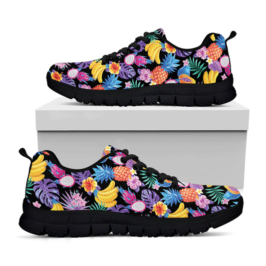 Tropical Palm And Hawaiian Fruits Print Black Sneakers