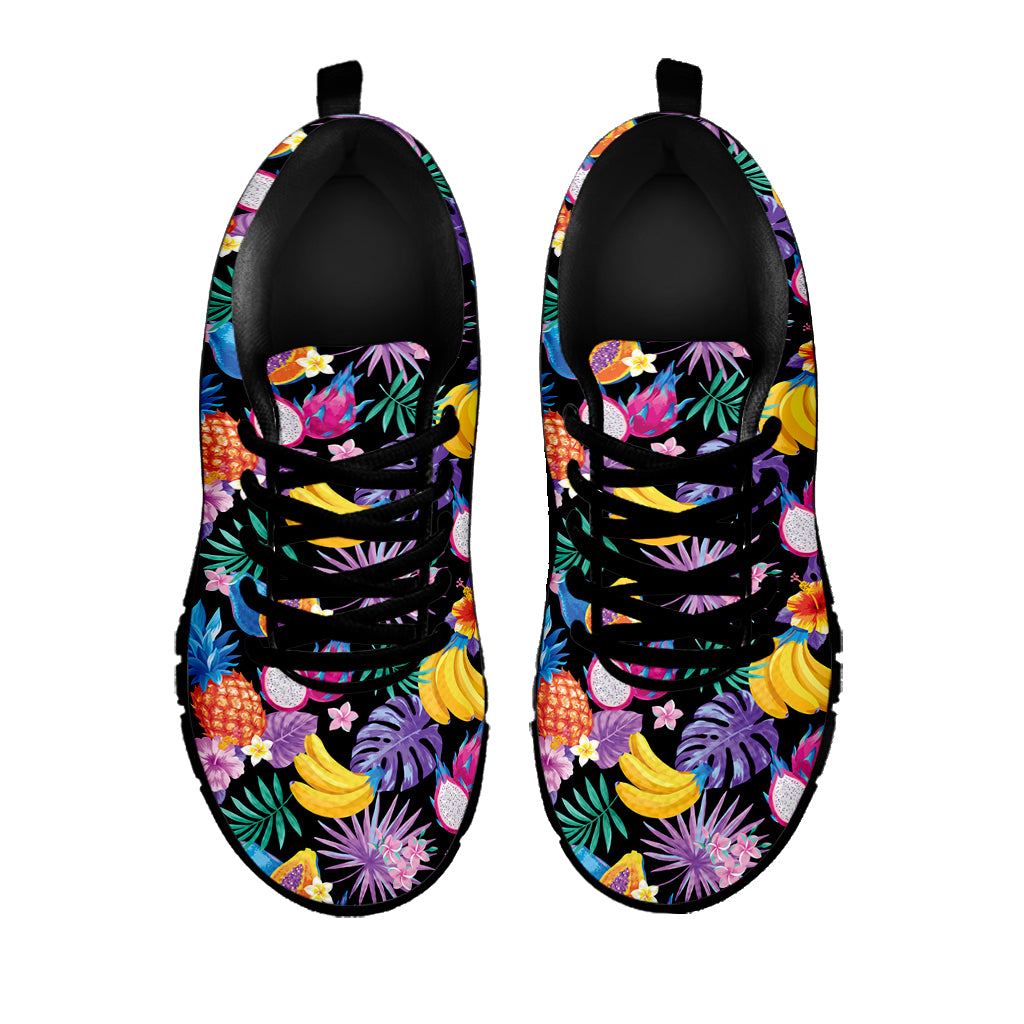 Tropical Palm And Hawaiian Fruits Print Black Sneakers