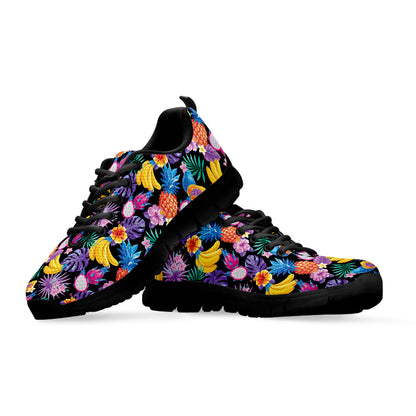 Tropical Palm And Hawaiian Fruits Print Black Sneakers