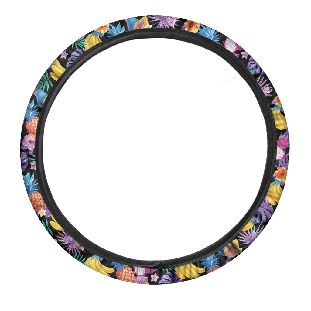 Tropical Palm And Hawaiian Fruits Print Car Steering Wheel Cover