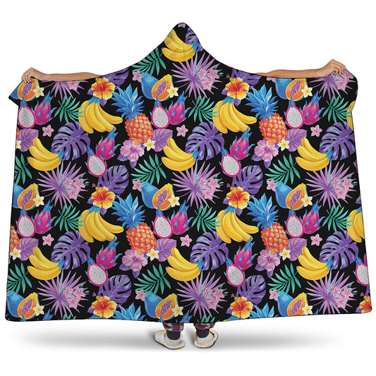 Tropical Palm And Hawaiian Fruits Print Hooded Blanket
