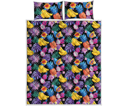 Tropical Palm And Hawaiian Fruits Print Quilt Bed Set