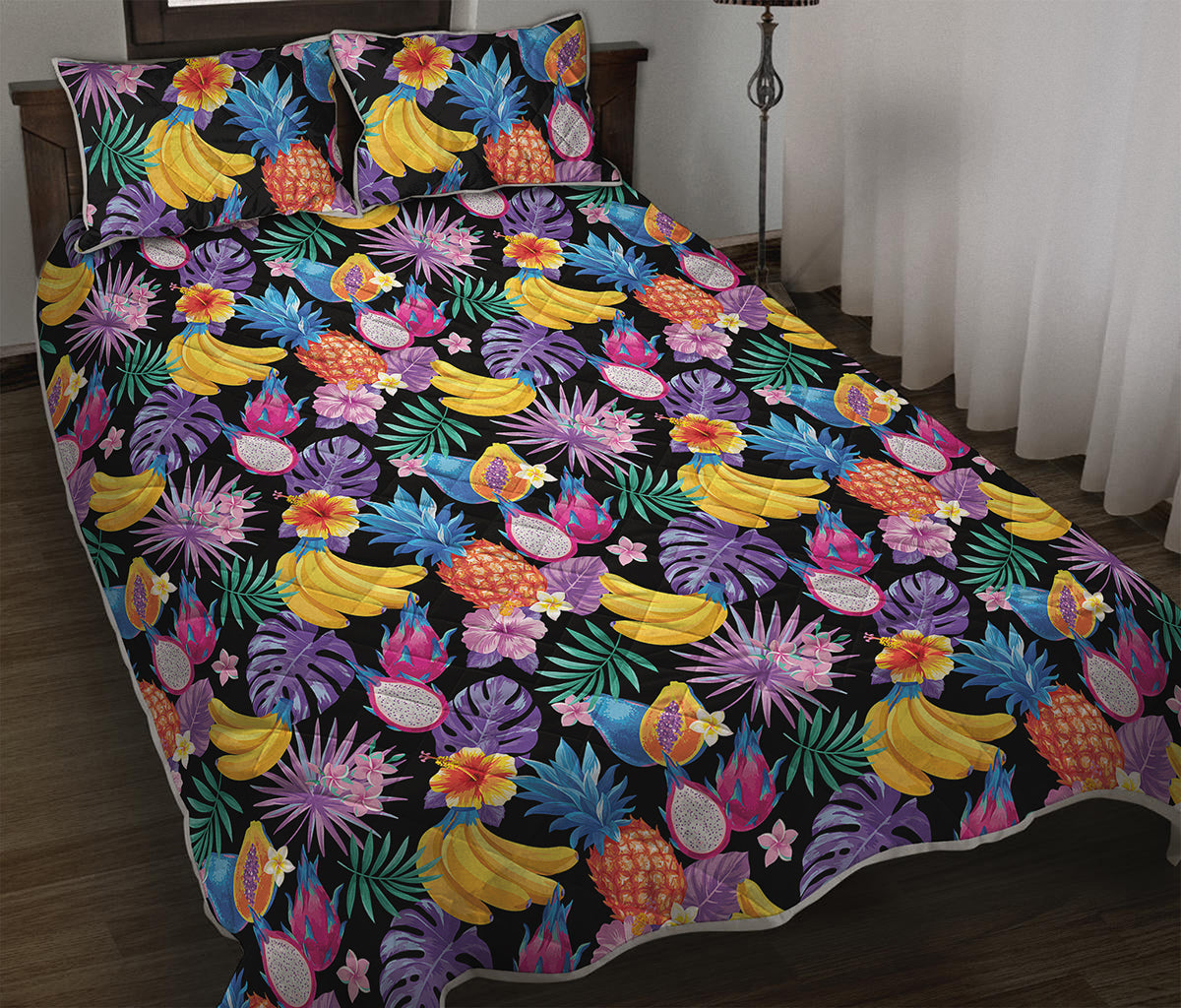 Tropical Palm And Hawaiian Fruits Print Quilt Bed Set