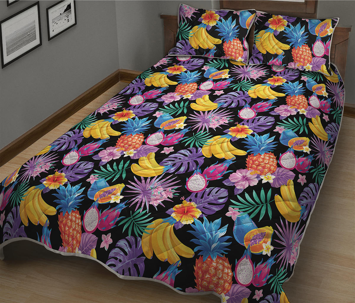 Tropical Palm And Hawaiian Fruits Print Quilt Bed Set