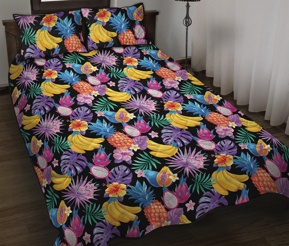 Tropical Palm And Hawaiian Fruits Print Quilt Bed Set