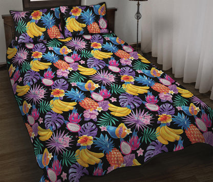 Tropical Palm And Hawaiian Fruits Print Quilt Bed Set