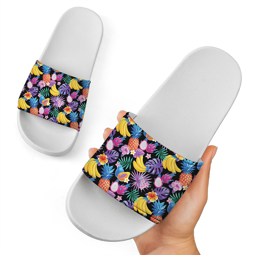 Tropical Palm And Hawaiian Fruits Print White Slide Sandals