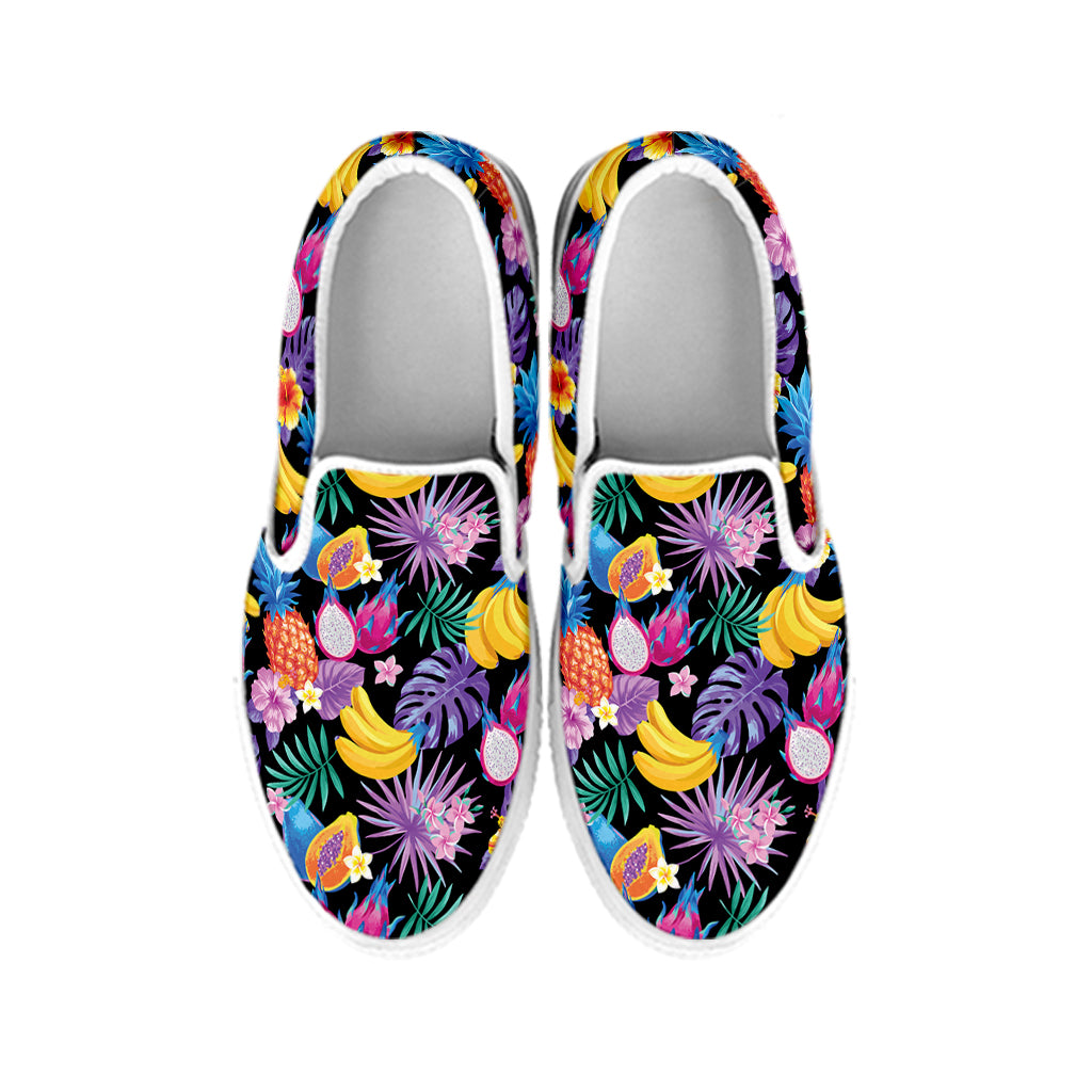 Tropical Palm And Hawaiian Fruits Print White Slip On Shoes