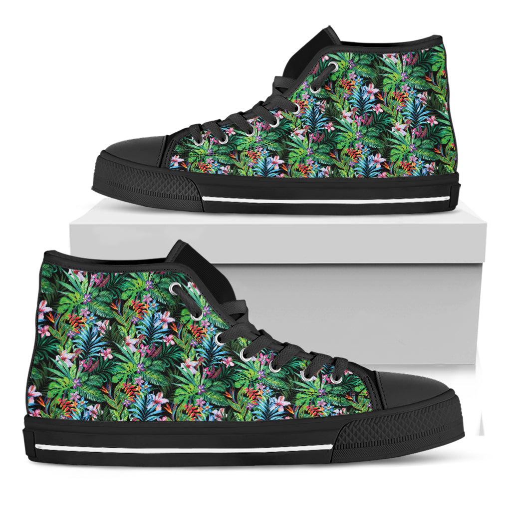 Tropical Palm And Hibiscus Print Black High Top Shoes