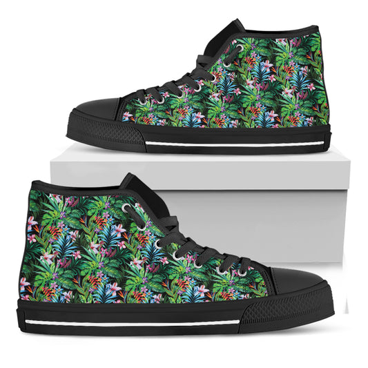 Tropical Palm And Hibiscus Print Black High Top Shoes