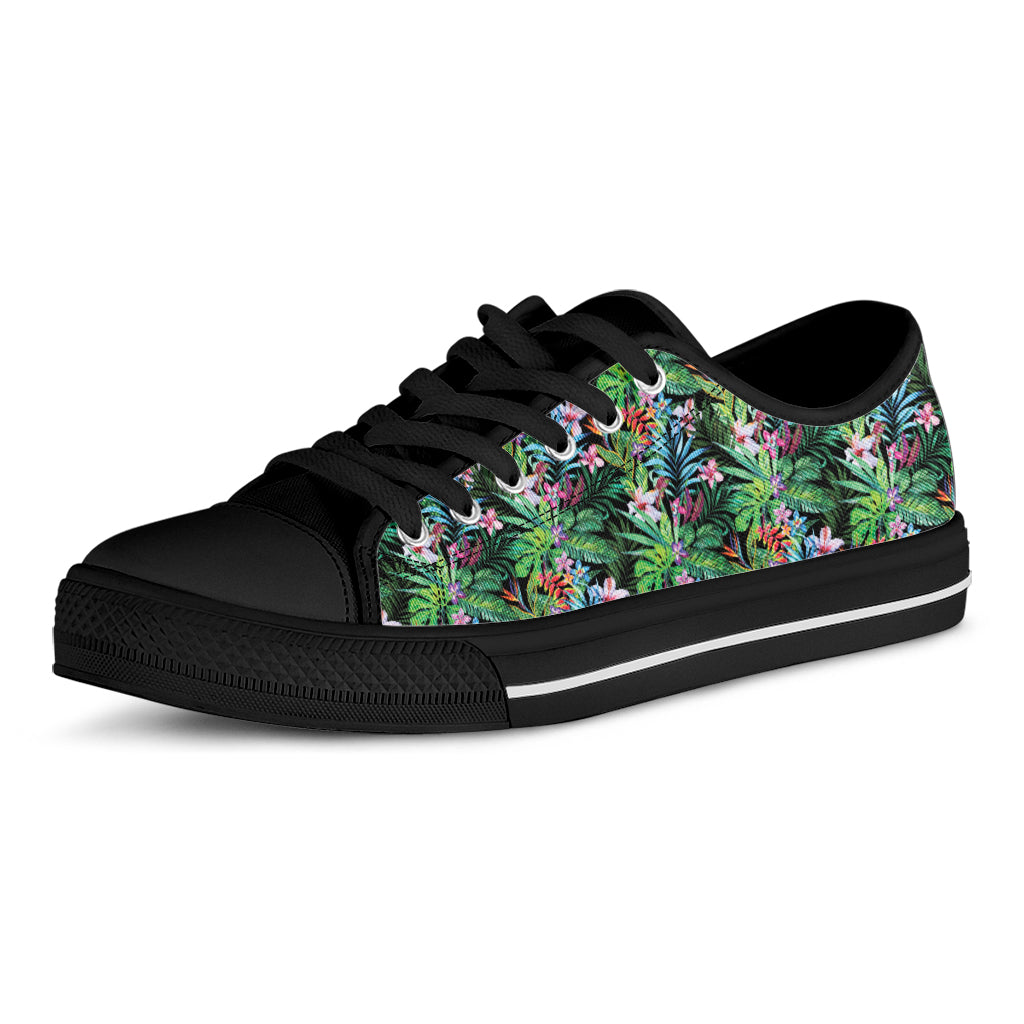 Tropical Palm And Hibiscus Print Black Low Top Shoes