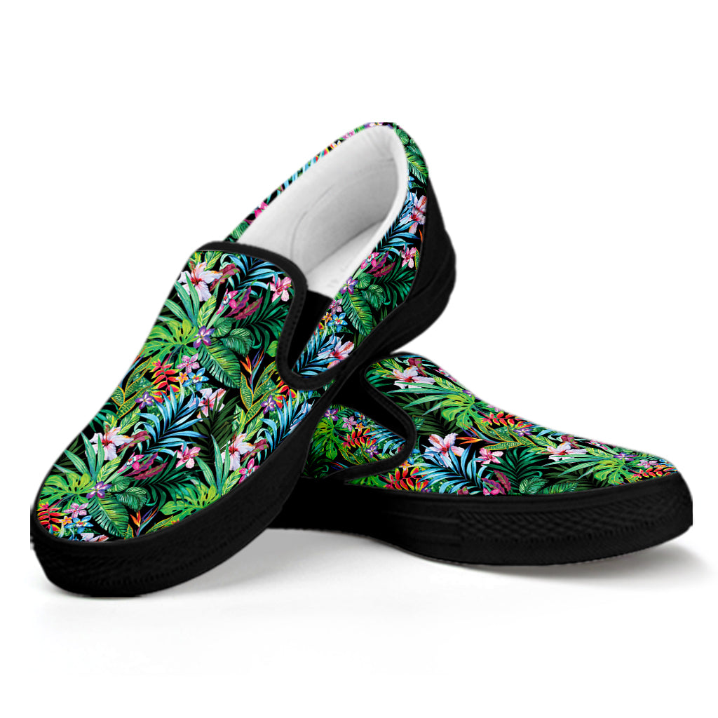 Tropical Palm And Hibiscus Print Black Slip On Shoes