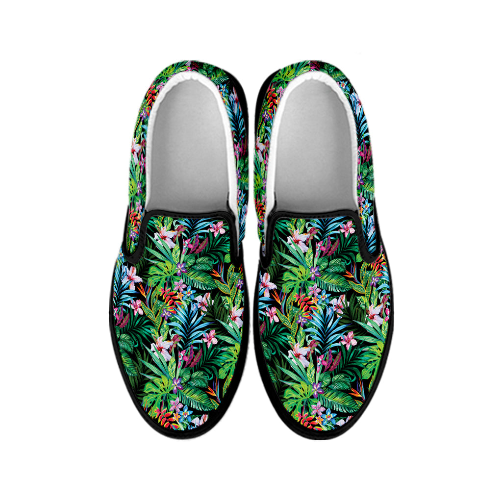 Tropical Palm And Hibiscus Print Black Slip On Shoes