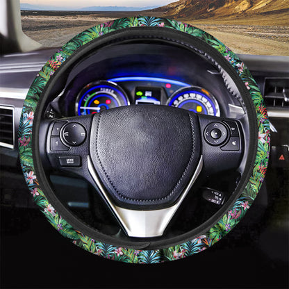 Tropical Palm And Hibiscus Print Car Steering Wheel Cover
