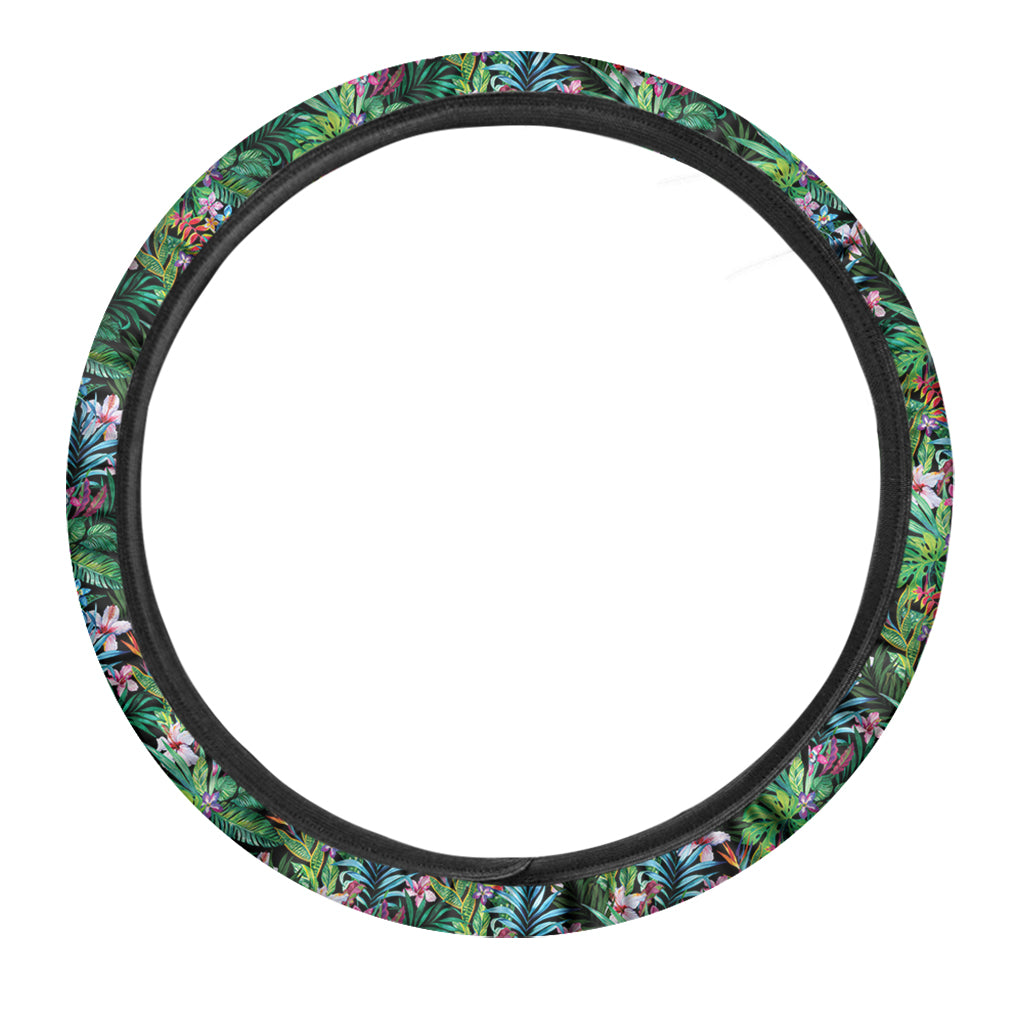 Tropical Palm And Hibiscus Print Car Steering Wheel Cover