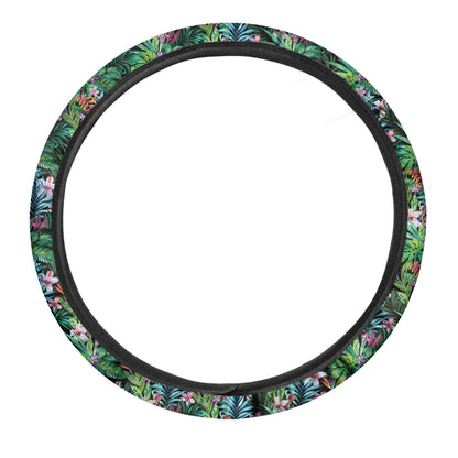 Tropical Palm And Hibiscus Print Car Steering Wheel Cover