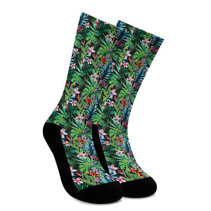 Tropical Palm And Hibiscus Print Crew Socks