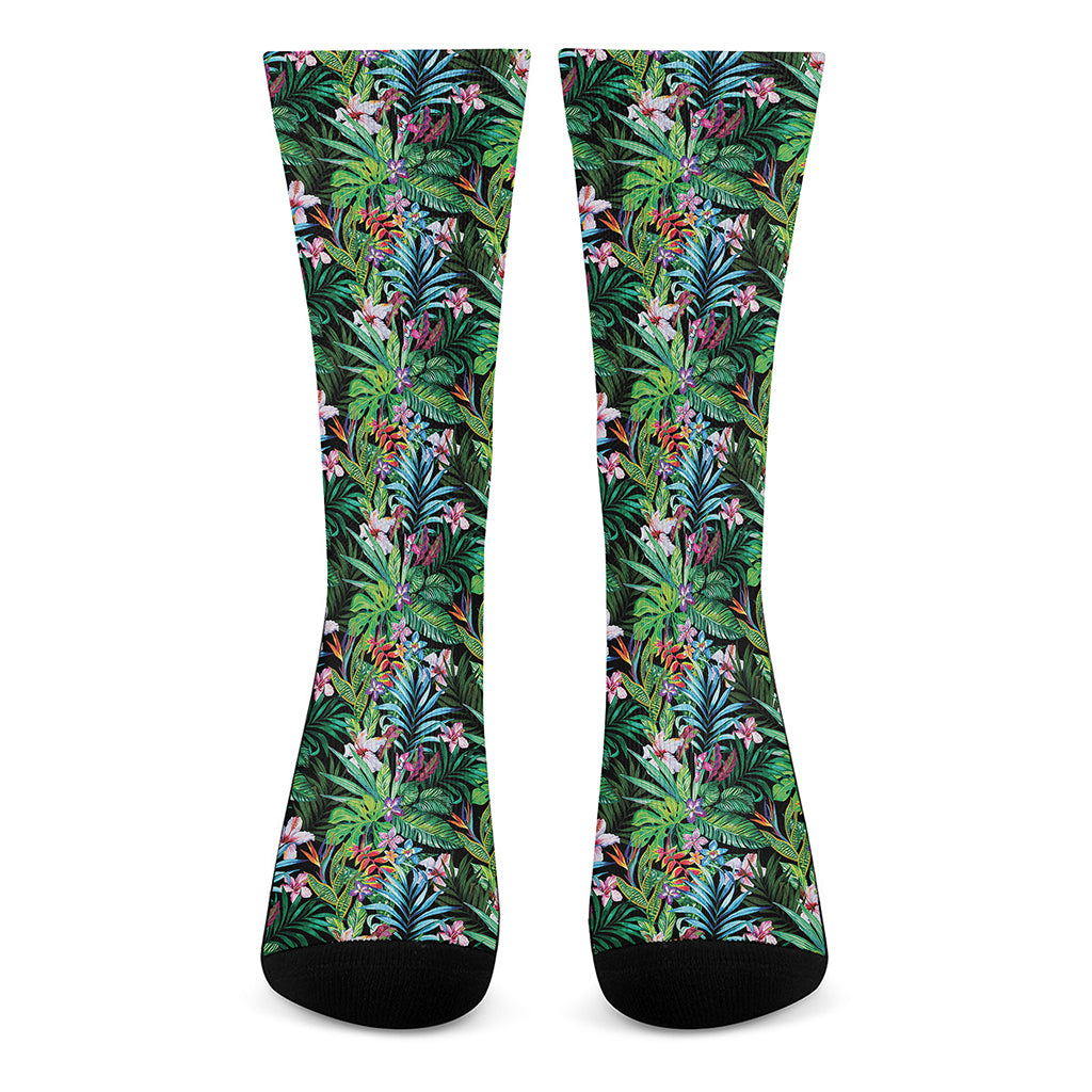 Tropical Palm And Hibiscus Print Crew Socks