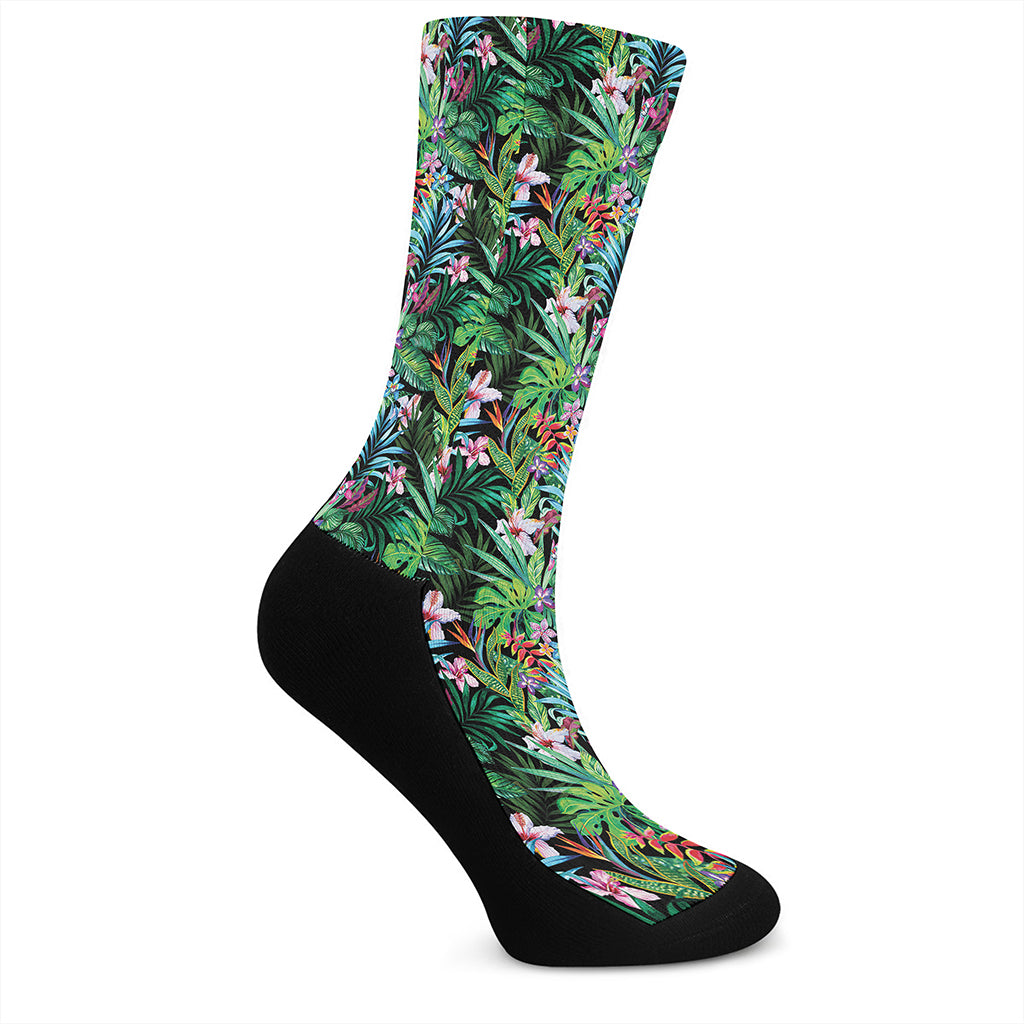 Tropical Palm And Hibiscus Print Crew Socks