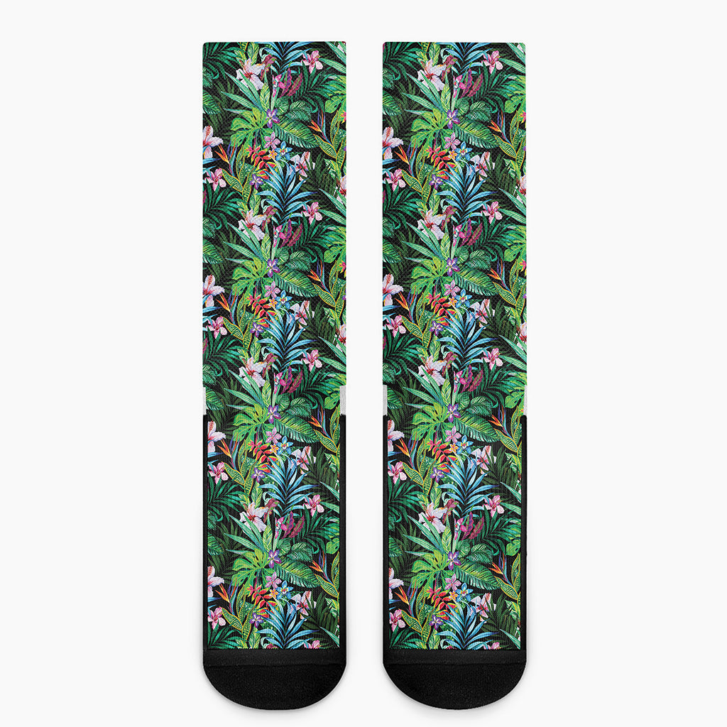 Tropical Palm And Hibiscus Print Crew Socks