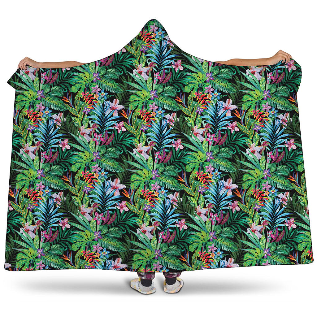 Tropical Palm And Hibiscus Print Hooded Blanket