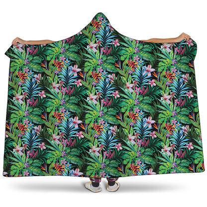 Tropical Palm And Hibiscus Print Hooded Blanket
