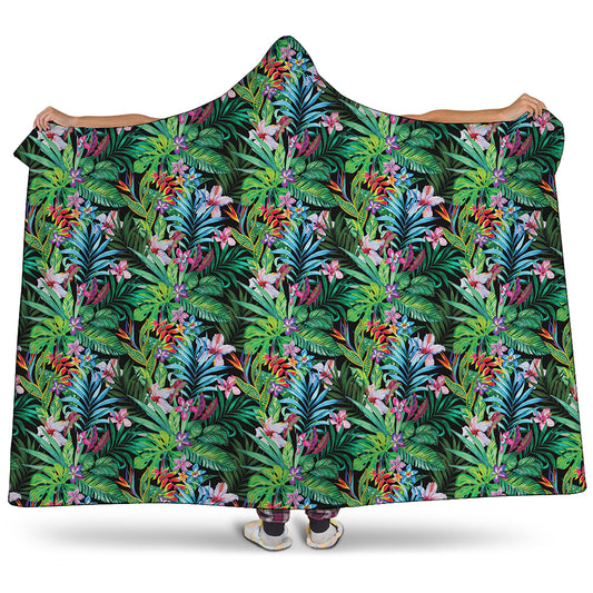 Tropical Palm And Hibiscus Print Hooded Blanket