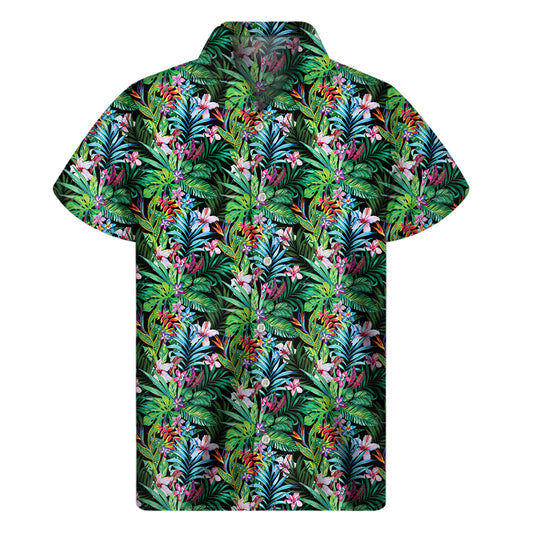 Tropical Palm And Hibiscus Print Men's Short Sleeve Shirt