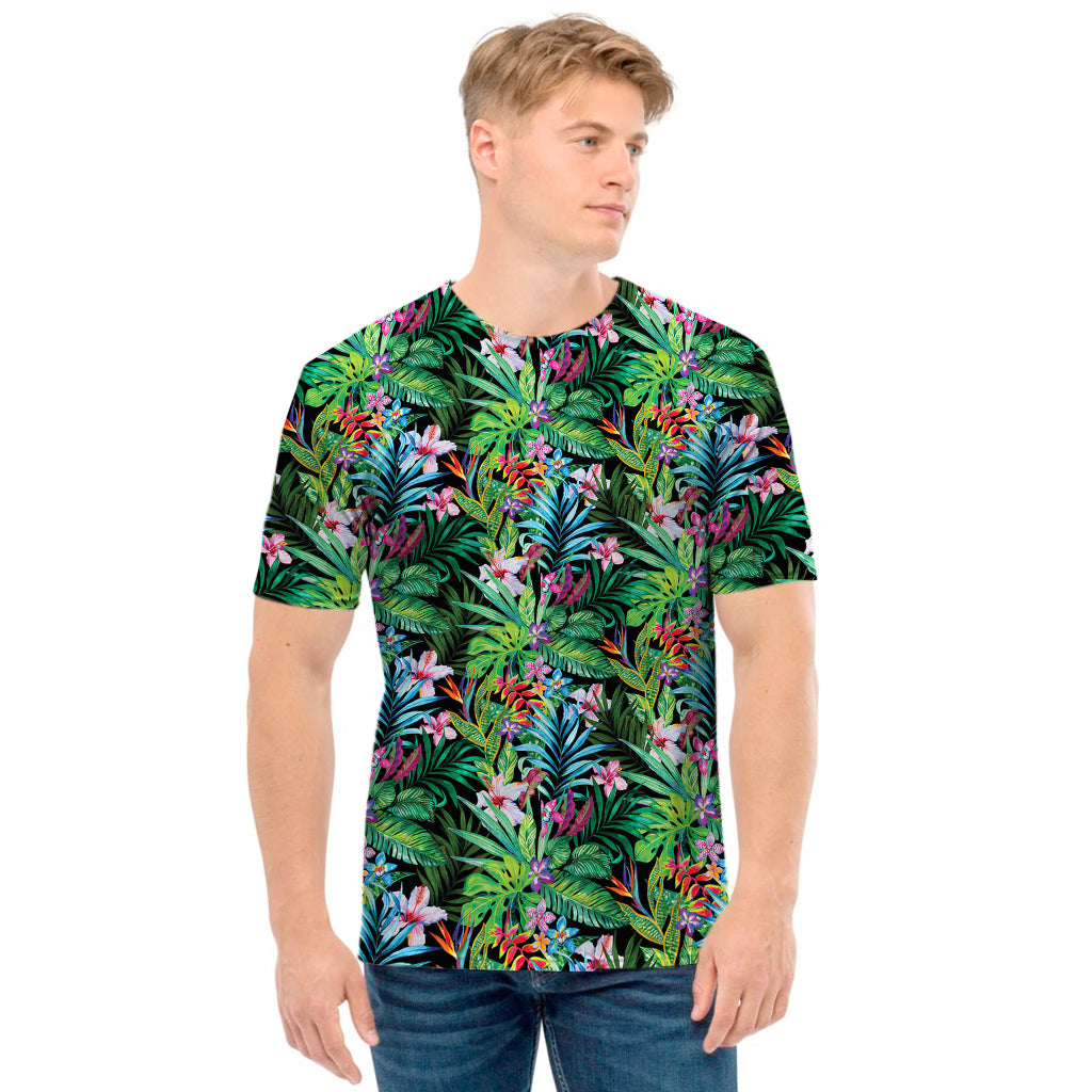 Tropical Palm And Hibiscus Print Men's T-Shirt