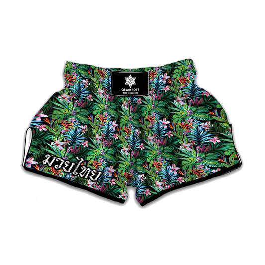 Tropical Palm And Hibiscus Print Muay Thai Boxing Shorts