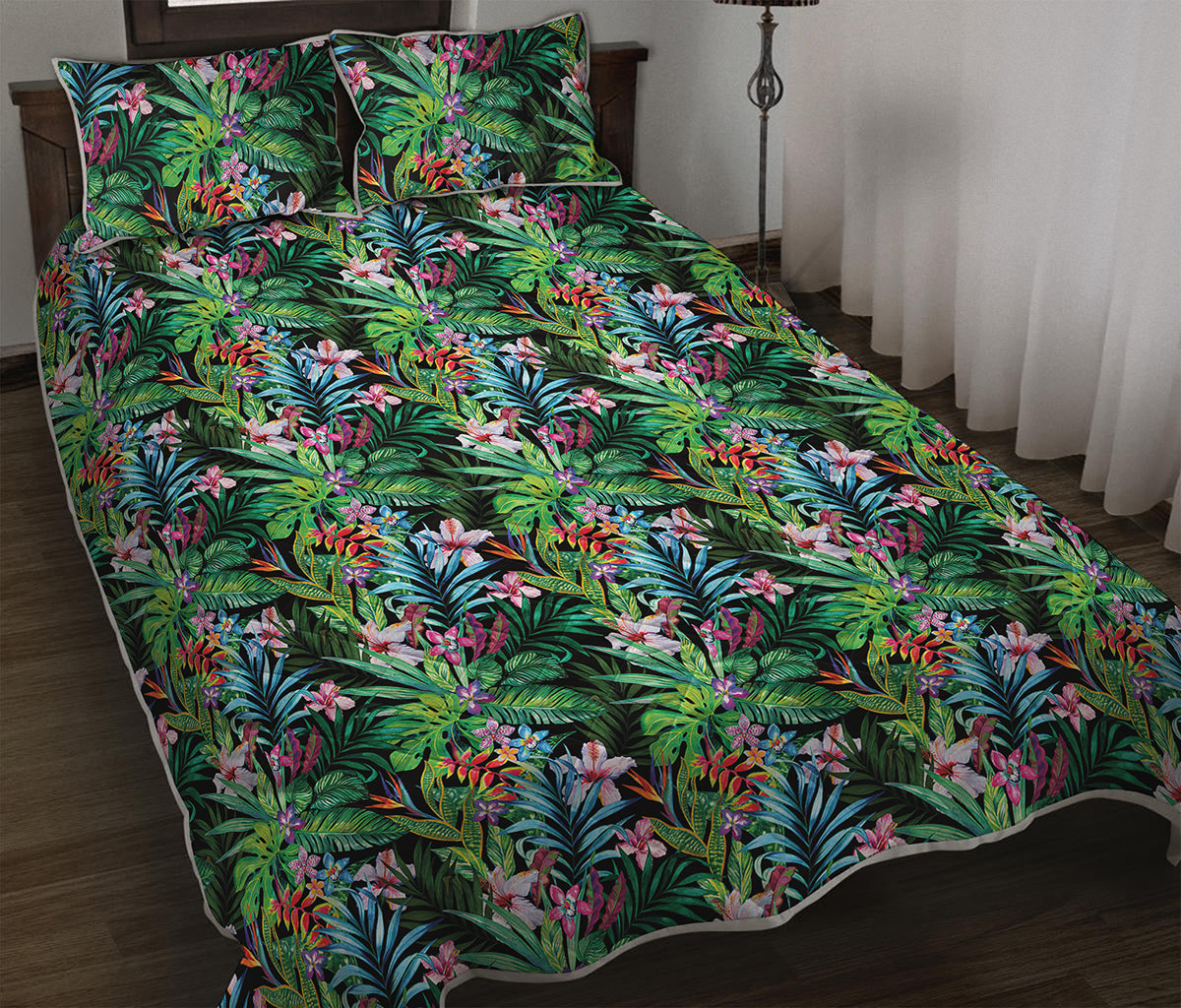 Tropical Palm And Hibiscus Print Quilt Bed Set